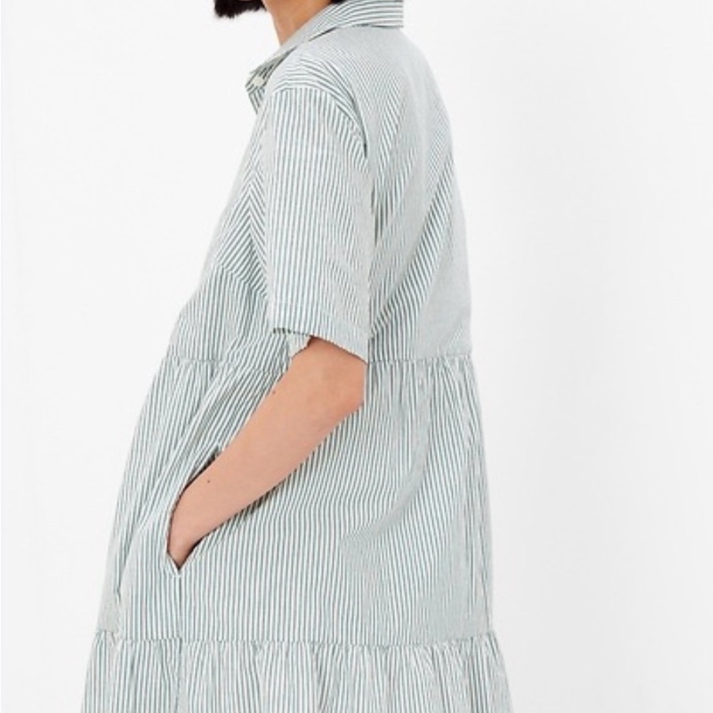 GAP Short Sleeved Button Tiered Mini Olive Green Striped Shirt Dress Size Small - Picture 2 of 10
